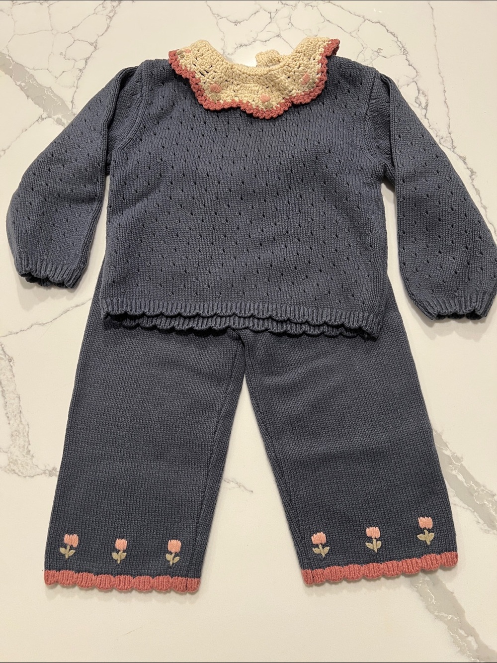 ZARA KIDS MATCHING SET- Dark Blue Knit Crocheted Top/Bottom❤️ - Picture 1 of 16